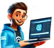 Cartoon character with glasses and a blue hoodie holding a laptop displaying a digital interface, representing technology and innovation.